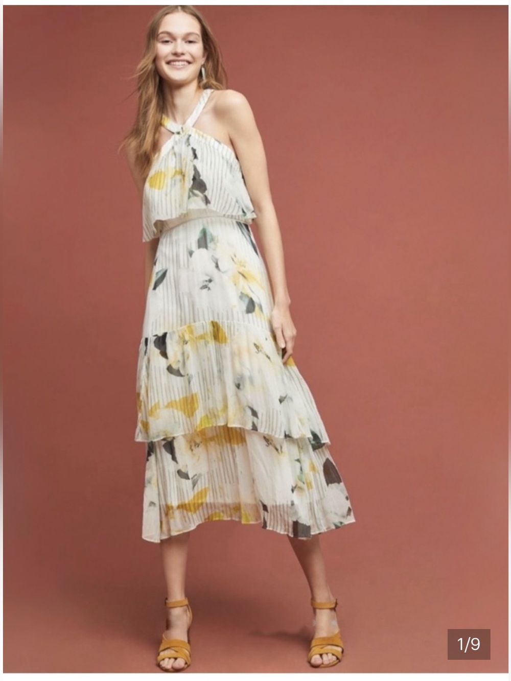 Anthropologie Garden Party
Maxi Tiered Halter Dress
Yellow White Floral size 2